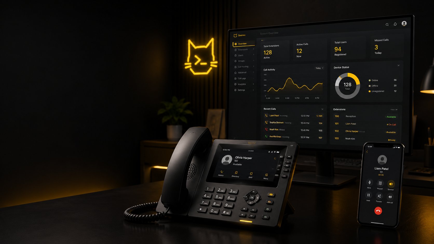 Business VoIP phone system dashboard with desk phone and mobile app